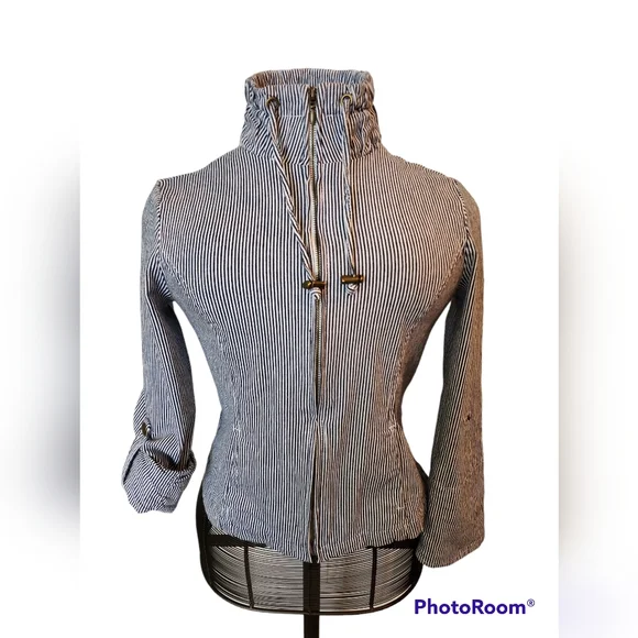 CHRISTOPHER & BANKS SIZE Medium, navy blue & white stripes, full zip front. - Picture 2 of 6